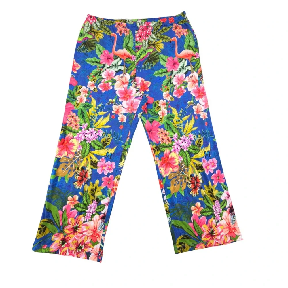 Johnny Was Tropical Flamingo Floral Pajama Set Blue Sleeveless Top Wide Leg Pant